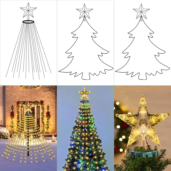 Christmas Tree Lights with Star Topper, 400LED Christmas String Lights with Ring for Tree, 6.6FT x 16 Lines Fairy Lights with 8 Modes Timer Remote for Indoor Outdoor Xmas Tree Decor, Warm White