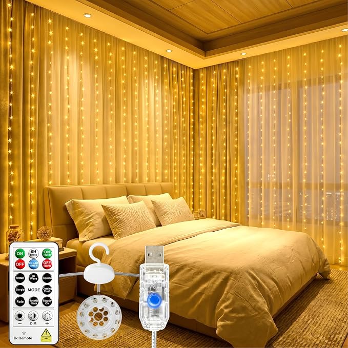 HXWEIYE 300LED Untangled Curtain Lights, 9.8x9.8Ft USB Fairy Twinkle String Lights with Remote and DIY Timer, 8 Modes Window Wall Hanging Light for Bedroom Dorm Backdrop Room Decor, Warm White