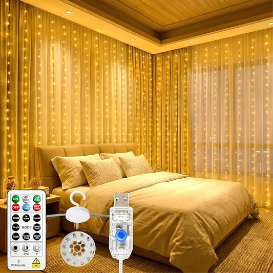HXWEIYE 300LED Untangled Curtain Lights, 9.8x9.8Ft USB Fairy Twinkle String Lights with Remote and DIY Timer, 8 Modes Window Wall Hanging Light for Bedroom Dorm Backdrop Room Decor, Warm White