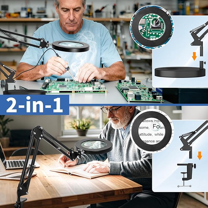 HITTI 30X & 10X Magnifying Glass with Light, 1800 Lumens Stepless Dimmable, 3 Color Modes, 4.2″ Real Glass Lens LED Desk Lamp with Clamp, Magnifier Light and Stand for Craft Reading Jewelry-Black
