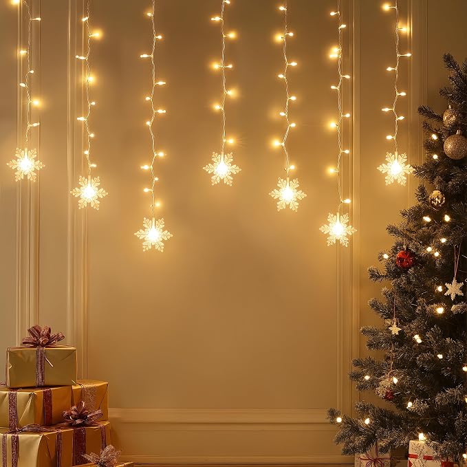 Christmas Snowflakes LED Curtain String Lights 11.5ft/3.5M 96LED Christmas Window Curtain Light Plug in String Light for Xmas Decor,Indoor and Outdoor,Birthday Party,Wedding, Bedroom Patio