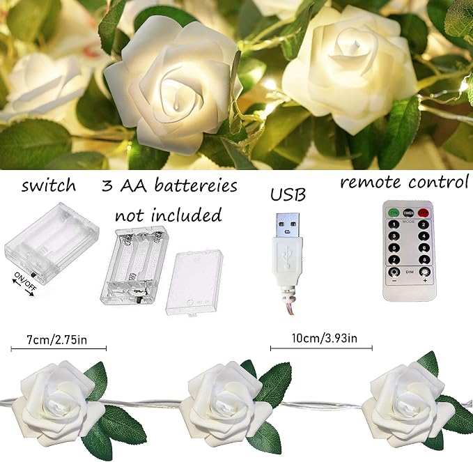 Rose Vine Lights with Remote, Battery or USB Operated Artificial Flower Garland, Hanging Fairy Lights for Bedroom Headboard, Valentine‘s Day, Wedding, Romantic Party Décor (White, 9.9)
