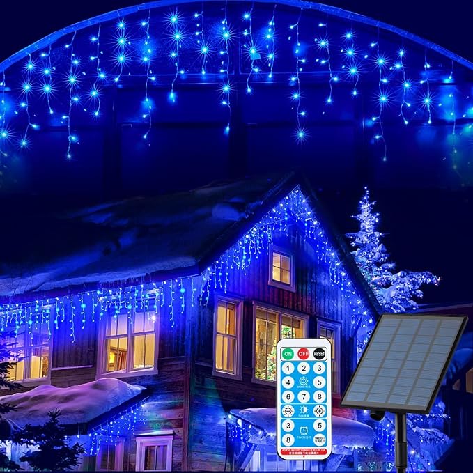 KiflyTooin Solar Christmas Lights Outdoor Waterproof Christmas Decorations Curtain Lights 320LED 29.5ft 60 Drops, Solar Powered Rechargeable Fairy Lights for Party, Wedding, Home Decorations(Blue)
