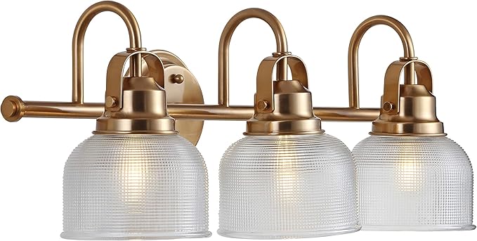 JONATHAN Y 25.25" Brass Gold Modern Bathroom Vanity Light, 3-Light LED Wall Sconce, Clear Glass Bell Shade for Mirror Hallway Kitchen, ETL Listed, LED Bulb Included (JYL7409B)