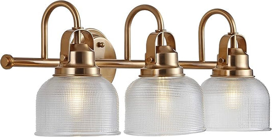 JONATHAN Y 25.25" Brass Gold Modern Bathroom Vanity Light, 3-Light LED Wall Sconce, Clear Glass Bell Shade for Mirror Hallway Kitchen, ETL Listed, LED Bulb Included (JYL7409B)