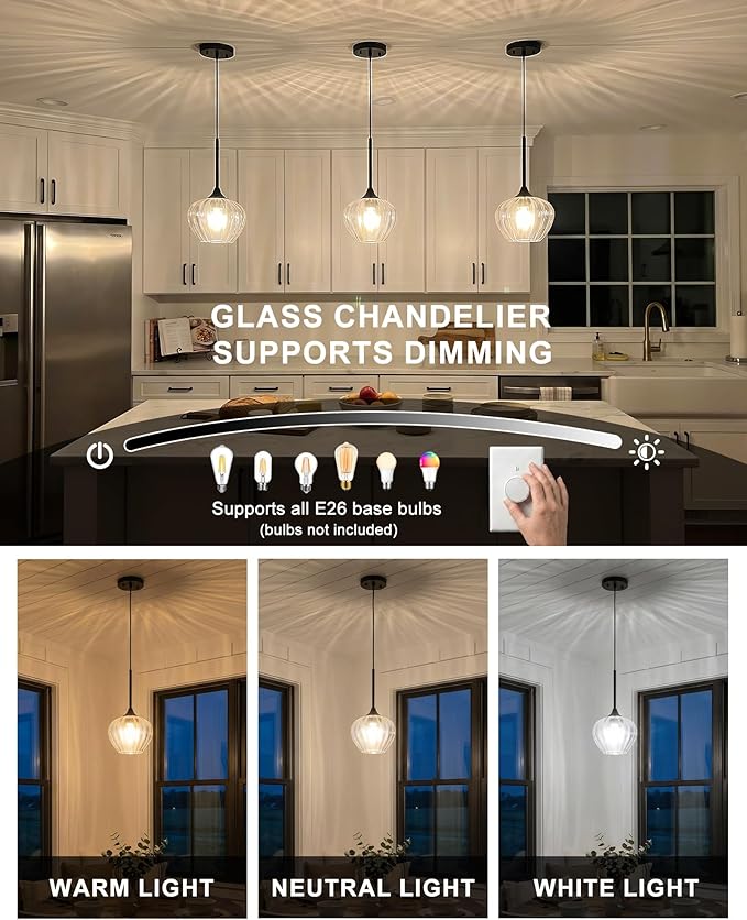 Glass Pendant Lights for Kitchen Island, 7" Modern Matte Black Pendant Light Fixtures Small Farmhouse Hanging Light for Kitchen, Dining Room, Sink, Bathroom