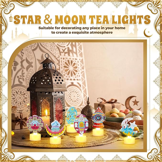 Handepo 15 Pcs Mini Ramadan Lantern Mubarak Tea Light Colorful Eid Flameless Candle with Moon Star Mosque Design LED Battery Operated Ramadan Table Decor Gift for Party Kitchen Home Indoor Outdoor