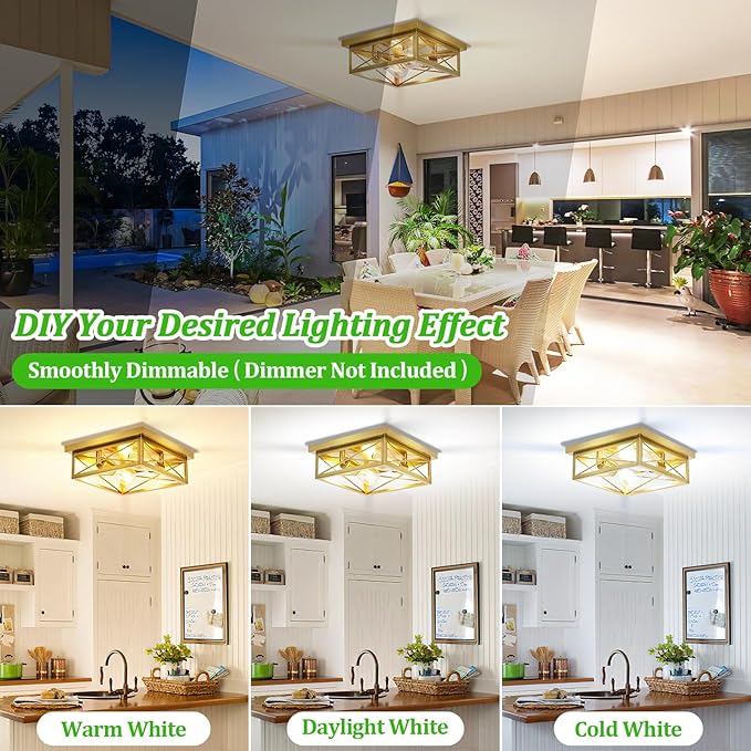Gold Hallway Light Fixtures Ceiling, 2-Light Farmhouse Vintage Flush Mount Ceiling Lights, 2-Pack Brass Metal Kitchen Light Fixtures, Close to Ceiling Lights for Bedroom Living Room Entryway