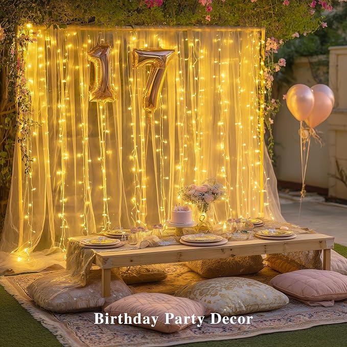 JMEXSUSS 200 LED Curtain Lights Battery Operated & USB Plug in, 8 Modes Warm White Curtain Hanging String Lights Indoor Outdoor for Bedroom Backdrop Wall Dorm Wedding Party Patio Christmas Decorations