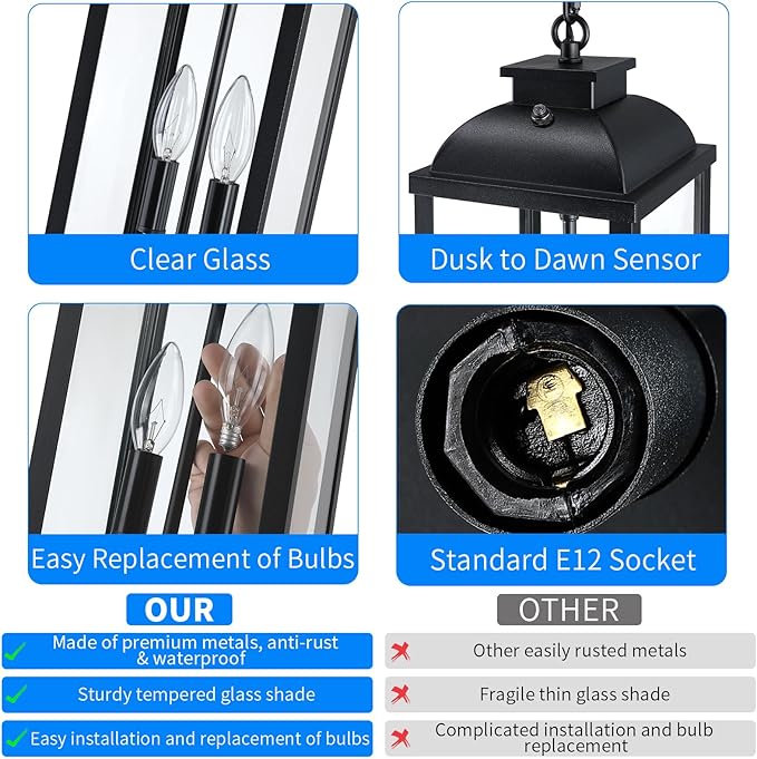 Large Outdoor Pendant Light 2-Light, 15.8" Dusk to Dawn Exterior Hanging Lights Fixture with Clear Glass, Modern Black Outdoor Chandelier for Gazebo Porch Patio Front Door