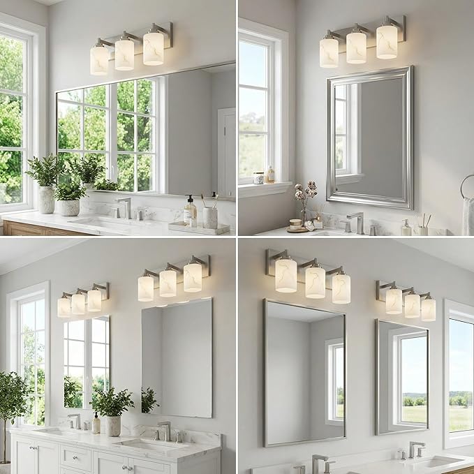 3-Light Bathroom Light Fixture, Brushed Nickel Modern Vanity Light with White Marble Glass Shade, for Bathroom Mirror, Living Room, Bedroom, Hallway, E26 Base, Extended Base