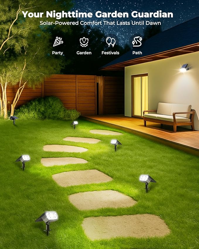 Solar Lights Outdoor Waterproof IP67, 6 Pack 64 LED Outdoor Solar Lights, 3 Lighting Modes Auto On/Off Solar Spot Lights Outdoor for Garden, Yard, Landscape - Cool Daylight