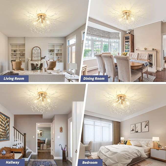 Modern Small Crystal Ceiling Light Fixture, 4-Light Gold Crystal Sputnik Firework Chandelier, Semi Flush Mount Ceiling Light Fixtures for Bedroom Kitchen Hallway Entryway Bathroom(H9.5'' x W17.7'')