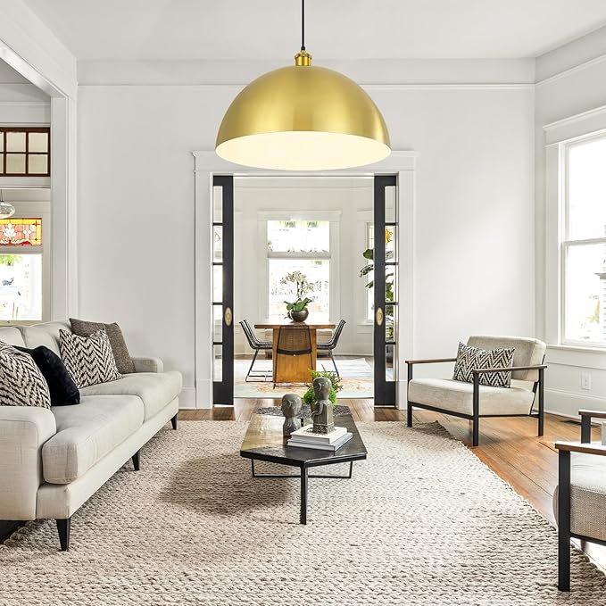 Gold Pendant Light, 20" Farmhouse Ceiling Light with Gold and White, Elegant Semi-Circular Shade Design, Adjustable Height Industrial Dome Pendant Lights for Kitchen Island, Dining Room