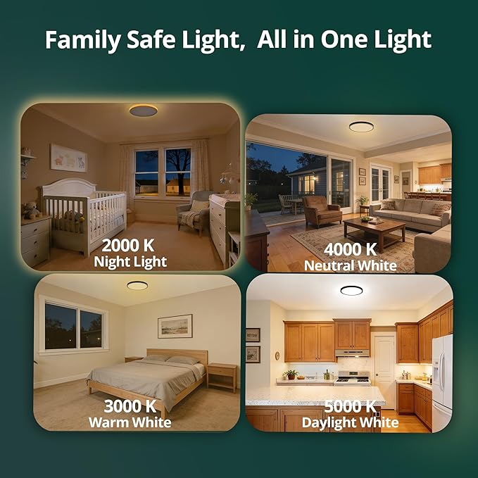 6 Pack 12 Inch LED Flush Mount Ceiling Light with 2000K Night Light, 24W 2400LM Dimmable, 3000K/4000K/5000K Selectable, 1" Ultra Slim Flat Light Fixture for Bedroom Kids Room, Black