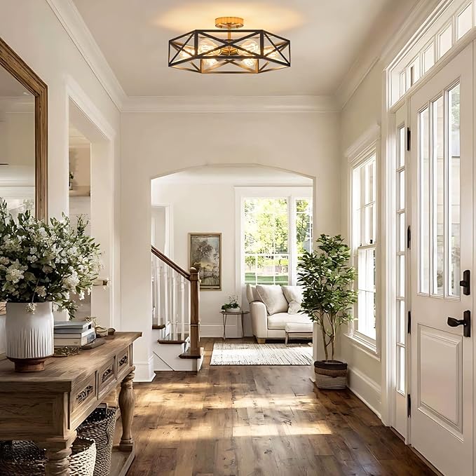 Modern Farmhouse Semi Flush Mount Ceiling Light,Industrial Black and Gold Ceiling Lighting Fixture,Hexagonal Close to Ceiling Lights for Kitchen,Living,Dining Room,Bedroom,Foyer,19.7 Inch