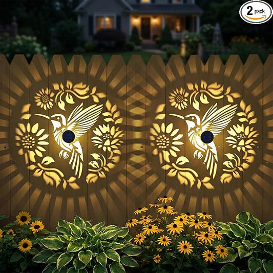 2 Pack Solar Fence Lights Metal Solar Powered Outdoor Wall Deck Step Lights Hummingbird Floral Theme Waterproof Fence Light for Garden Post Patio Backyard Yard Decor, Gardening Gifts for Women Mom