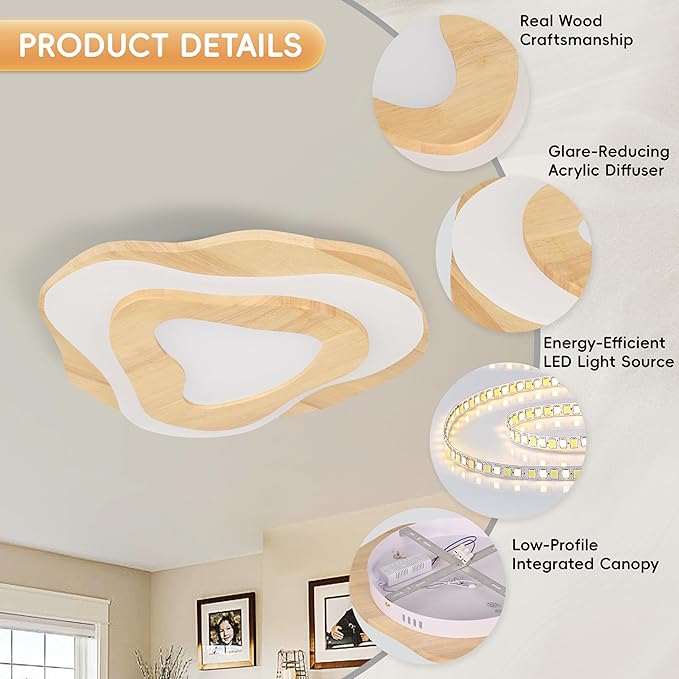 Littleglovo 15.7" Modern Flush Mount LED Chandelier for Dining Room, Natural Wood Petal Energy Chandeliers Ceiling Light for Entryway Bedroom Foyer Kitchen Living Room Bathroom