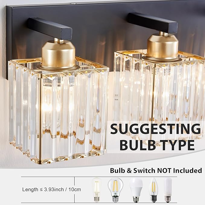 Bathroom Vanity Light Fixtures Over Mirror 4 Crystal Lights - Makeup Lighting Black Gold - for Modern Wall, Bath, Desk, Farmhouse, Hallway