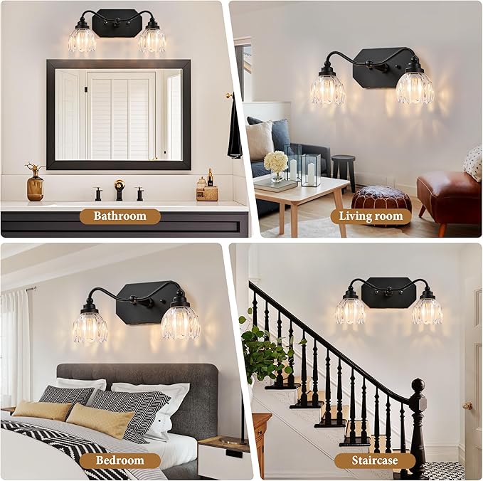 Vintage Bathroom Light Fixtures, 2 Light Bathroom Vanity Light, Black Matte Antique Brass Finish with Crystal Glass Shade, Mid Century Wall Sconces for Bedroom, Living Room, Hallway