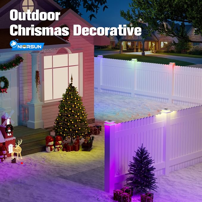 NIORSUN Solar Post Cap Lights Outdoor Waterproof, 4x4 Post Solar Lights RGB Color Changing, Fence Posts Solars Light for Deck Patio Garden Deco, 4x4 Posts Caps Wood Vinyl, 5x5 Vinyl, 12 Pack (White)