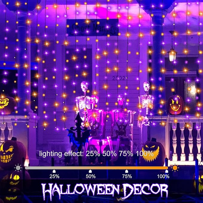 Halloween Battery Curtain Lights Purple Orange with Remote Timer 9.8×9.8ft