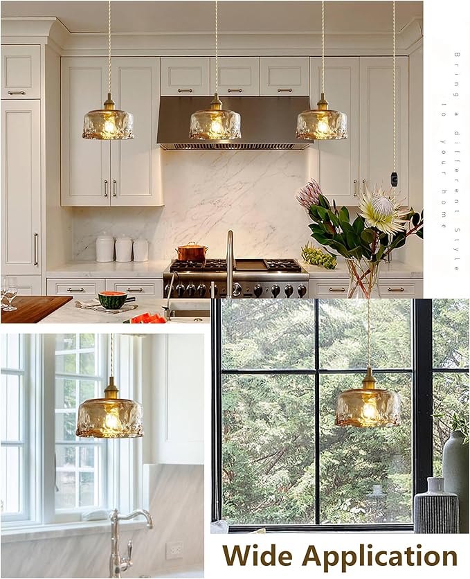 Glass Pendant Lights Kitchen Island Plug in Pendant Light with Dimmable Switch Amber Glass Lampshade for Bedside Dining Room Foyer, Brass
