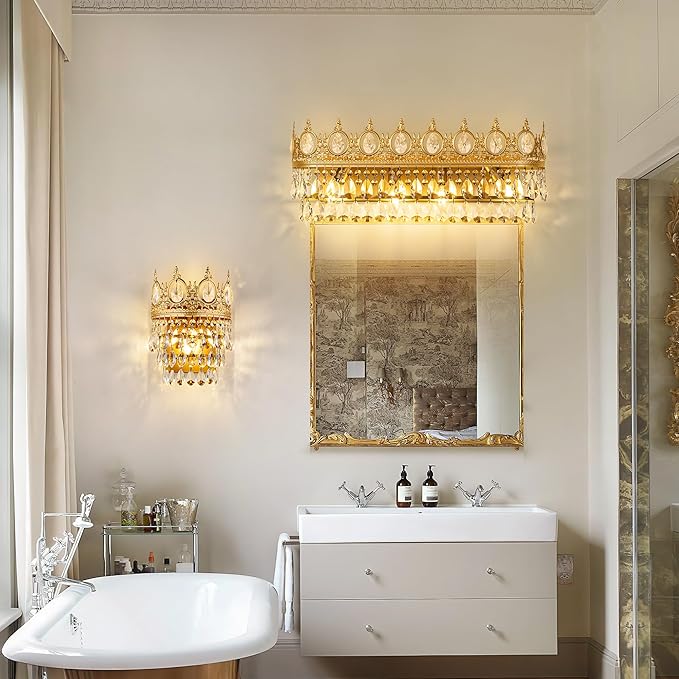 TOCHIC Bathroom Vanity Light Fixtures Over Mirror 4 Lights Gold Crystal Bathroom Wall Light Fixtures Indoor Dimmable, Farmhouse Vintage Sconces for Mirror Cabinets, Powder Room, Bedroom, 24.5” L