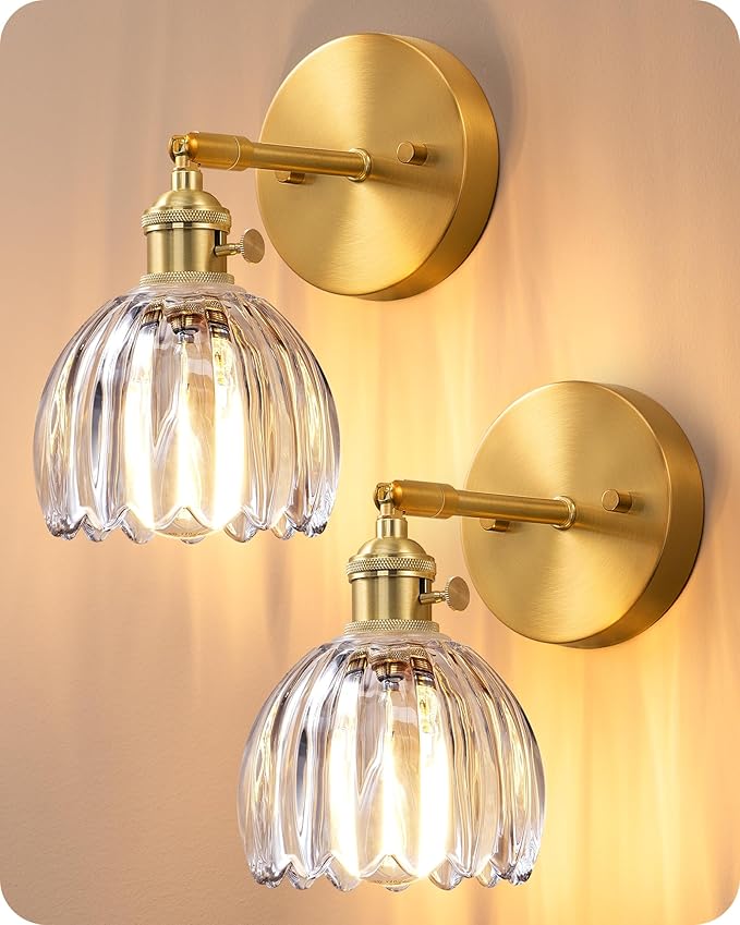 EDISHINE Hardwired Vintage Wall Sconces Set of Two, Brass Gold Wall Lamp with Transparent Tulip Glass Lampshade 180° Adjustable, Modern Wall Lighting Fixtures with Switch for Bathroom Bedroom Hallway