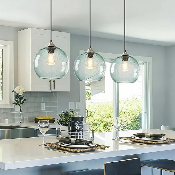 9.1in Large Light Green Glass Pendant Light for Kitchen Island, 3-Pack with Extra LED Bulbs & 4.92ft Adjustable Cord | Modern Minimalist Lighting for Dining Room, Living Room, Entryway