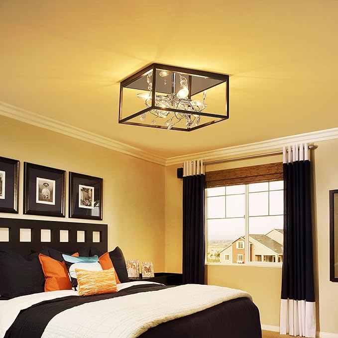 AGV LIGHTING CL044C Crystal Ceiling Light Fixture, Modern Flush Light, Perfect for Living Space, D12.5 x H8, E12 Base 3-Lights, Matte Black & Chrome Finish