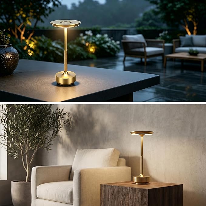 Rechargeable Cordless Table Lamp Set of 2, Portable Battery Operated LED Table Light, 3 Color Stepless Dimming with Touch Sensor & Memory Function for Outdoor Patio Restaurant Dining Room,Gold