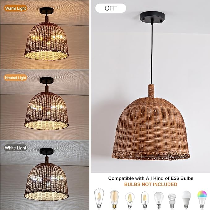 Farmhouse Rattan Pendant Light 3lights 13.8IN Hand Weaving Wicker Dining Room Light Boho Bracket Hanging Chandelier Fixture for Living Room Bedroom Kitchen Island Entry Hallway