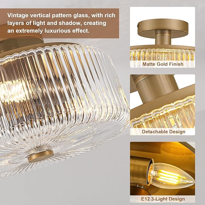 11.8 Inch Gold Semi Flush Mount Ceiling Light, 3-Light Hallway Light Fixture with Seeded Glass Shade, Mid-Century Modern Ceiling Light for Kitchen, Entryway, Foyer, Passage