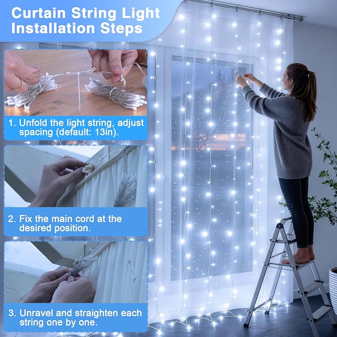 JMEXSUSS 9.5x29.5ft Curtain Lights Indoor Outdoor Decor with Remote, 900LED White Christmas Lights Plug in, Hanging String Lights for Bedroom, Wall, Window, Patio, Garden, Wedding, Reception, Backdrop