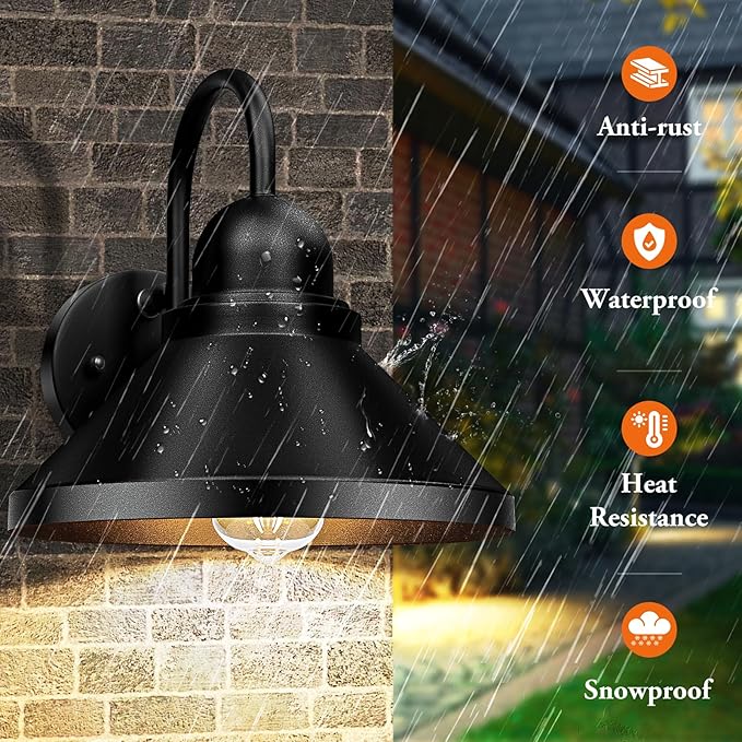Brightever Gooseneck Outdoor Wall Sconces, 2-Pack Large 10.23IN Farmhouse Barn Lights for Porch, Industrial Black Exterior Wall Lights for Garage, Patio, E26 Base Anti-Rust, Bulb not Included
