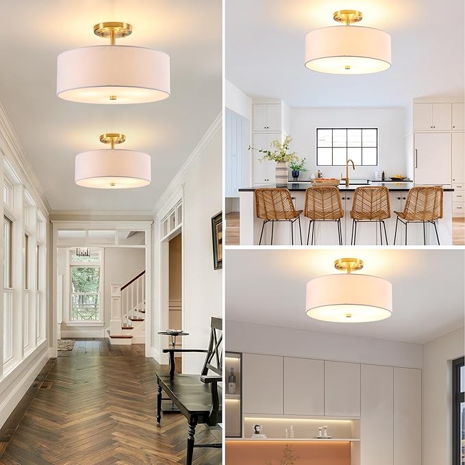 13.8 Inch Semi Flush Mount Ceiling Light Fixture, 3-Light Modern Farmhouse Drum Pendant with Fabric Shade for Bedroom Hallway Entryway Living Room (White+Brushed Bronze)