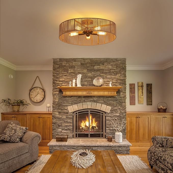 24" Natural Rattan Flush Mount Ceiling Light Fixture Antique Brass Brush Paint Finish Boho Chandelier for Porch Patio Hallway Bedroom Living Room Kitchen Island 5-Light