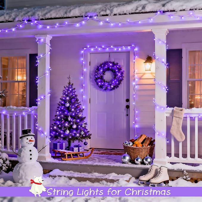 JMEXSUSS 2 Pack 100 LED Purple Christmas Lights Indoor, 33ft Clear Wire Purple String Lights Outdoor Waterproof, 8 Modes Connectable Christmas Tree Lights for Xmas Tree Yard Bedroom Porch Decorations