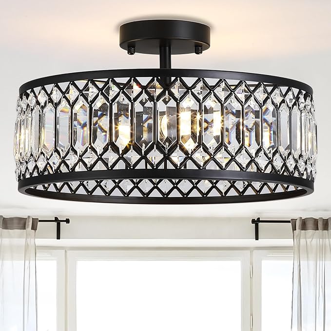 16" Black Crystal Ceiling Light, 3-Light Modern Semi Flush Mount Ceiling Light Fixture, Round Crystal Chandelier for Dining Room Bedroom Living Room Kitchen Hallway, E26 Sockets