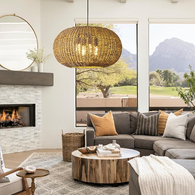 22.83in Large Rattan Chandelier Boho Wicker Hand Woven Pendant Light Farmhouse Ceiling Hanging Lighting Fixture for Living Room Kitchen Island Dining Room Hallway, 4-Lights