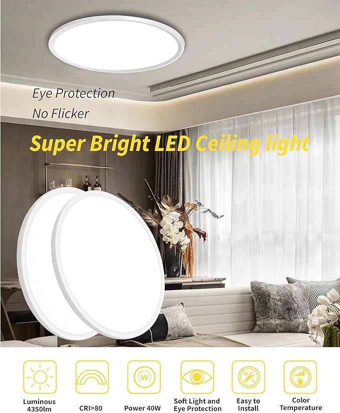 20 Inch Large LED Flush Mount Ceiling Light Fixture, Round 40w 4350lm 3000k,4000k,6000k CCT Selectable, Modern Flat Panel Super Slim Led Ceiling Light,for Living Dining Kitchen Room (2Pack-White)