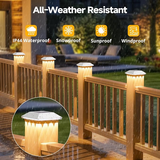 Mlambert 4 Pack Solar Post Cap Lights Outdoor - 3 Lighting Modes Waterproof LED Fit 3.5x3.5 Wood/4x4 Vinyl Fence Deck Posts, White