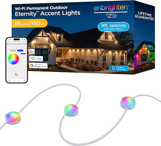 Enbrighten Vibe Eternity Accent Permanent Outdoor Lights for House, 150ft, 36 RGBWIC LEDs, Wide Spacing, 94lm, Tunable White, Everyday Eave Lighting, Smart App, Works with Alexa, Google Home, 85715
