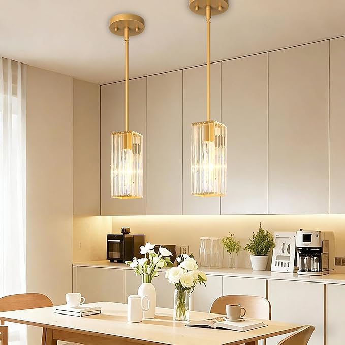 Crystal Pendant Lights for Kitchen Island - 10" Gold Adjustable Chandelier, Dimmable E26 Hanging Fixture, Modern Lighting for Dining 3pcs