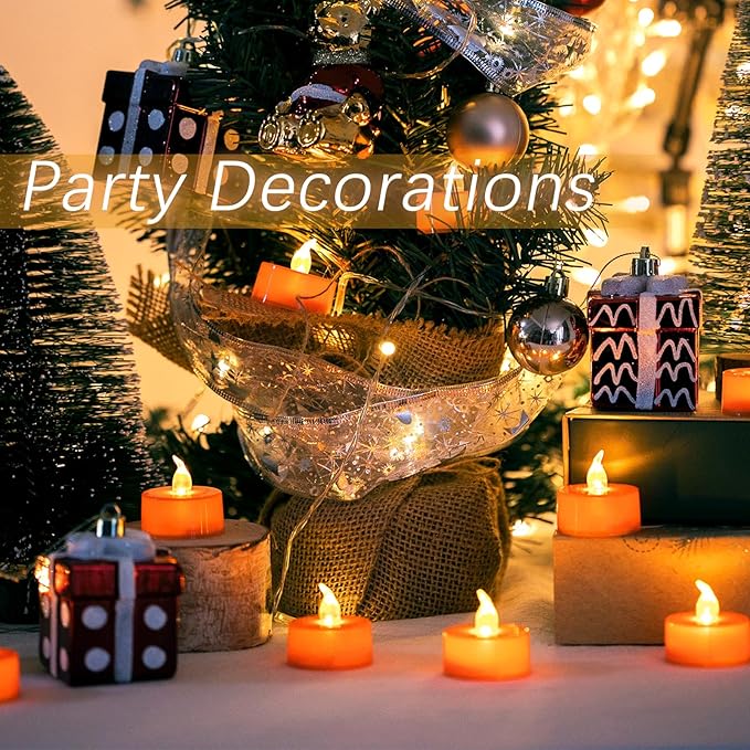LANKER 24 Pack Orange Tea Lights Candles, Flickering Warm Yellow Flameless LED Tealights, Long Lasting Battery Operated Fake Candles, Decoration for Wedding, Halloween and Christmas (Orange)