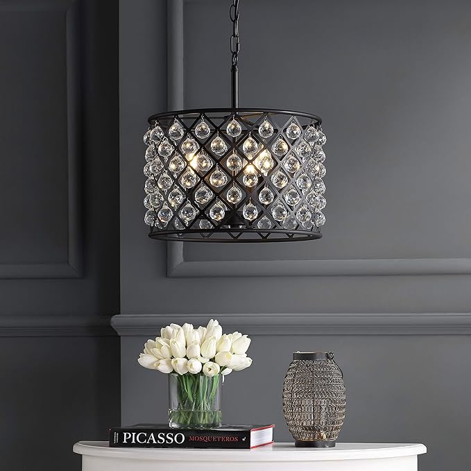 JONATHAN Y 16" Oil Rubbed Bronze Crystal LED Pendant Light, Adjustable Metal Chandelier for Kitchen Island, Entryway, Foyer, Clear Hand-Polished Crystal Shade, LED Bulb (JYL9026A)