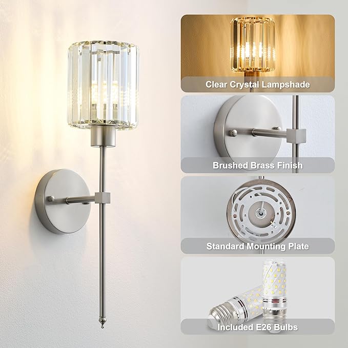 KARTOOSH Hardwired Crystal Wall Sconces Set of Two - Dimmable Wall Light Fixtures 3000K, Warm White, for Hallway, Bathroom, Living Room, Bedroom, Nickel, 20.1 Inch