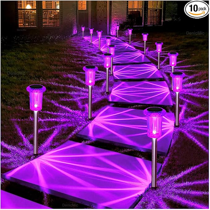 DenicMic Solar Halloween Lights Outdoor 10 Pack Waterproof Outside Lights for Yard Pathway Garden Driveway Walkway Landscape Path Lighting Purple LED Stainless Steel Stake Halloween Decor