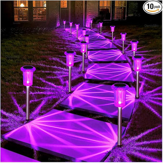 DenicMic Solar Halloween Lights Outdoor 10 Pack Waterproof Outside Lights for Yard Pathway Garden Driveway Walkway Landscape Path Lighting Purple LED Stainless Steel Stake Halloween Decor